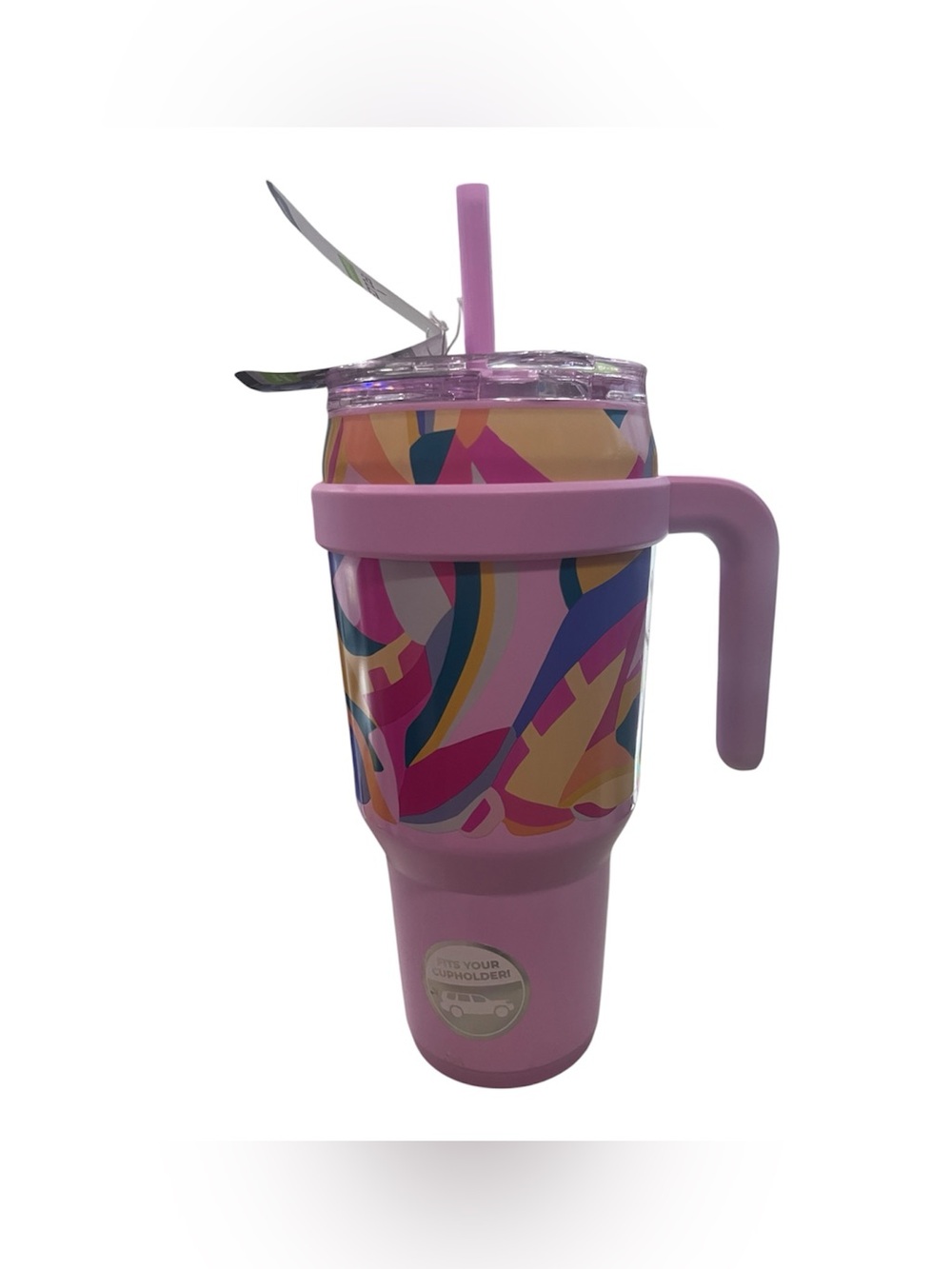 Pink Patterned Travel Tumbler with Handle and Straw 40oz